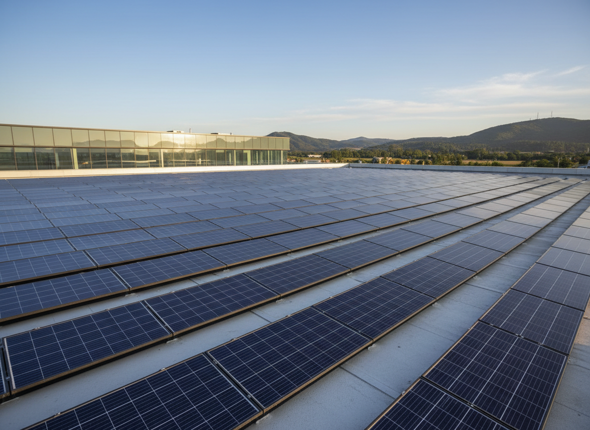 A sleek array of modern solar panels with deep blue, low-reflective glass and matte black aluminum frames, mounted in perfect rows on the flat roof of a contemporary commercial building. In the distance, gentle hills and a clear sky emphasize open space and sustainability. Late afternoon sunlight creates crisp, realistic reflections on the panel surfaces while casting precise geometric shadows across the rooftop. Captured in photographic realism from a slightly elevated, wide-angle perspective, the composition follows the rule of thirds, leading the eye along the rows of panels. The mood is professional, clean, and optimistic, highlighting reliable solar energy solutions in a polished, corporate-friendly aesthetic suitable for a modern energy equipment supplier.